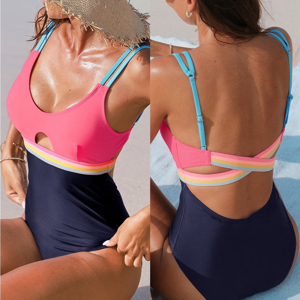 Cupshe Pink and Navy Colorblock One-Piece with Rainbow Band and Blue Straps